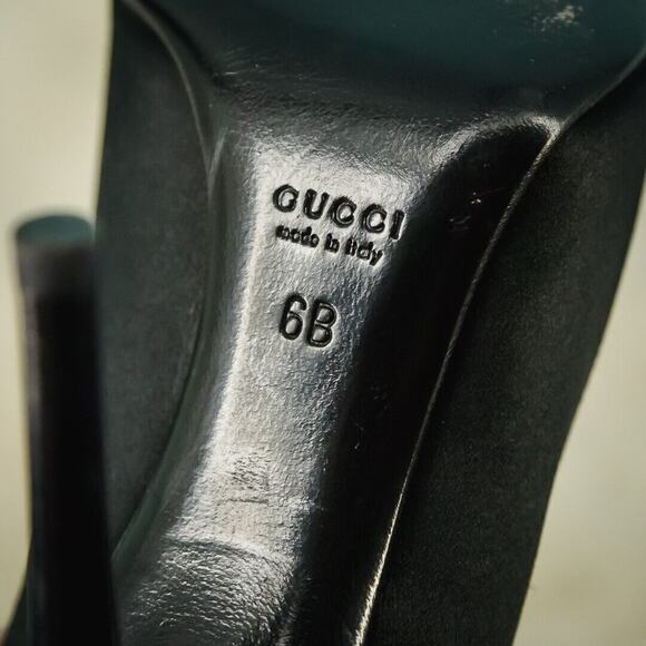 Gucci Size 6 Black Satin Rhinestone Horsebit Open Peep Toe High Heels Pumps - Picture 7 of 10